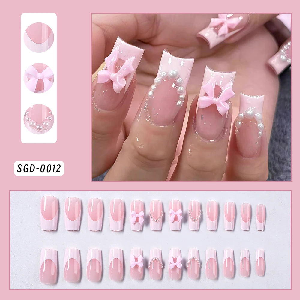 24 pièces arc perle presse sur faux ongles nu rose amande français bâton sur faux ongles coréen doux filles portable presse sur ongles + outil