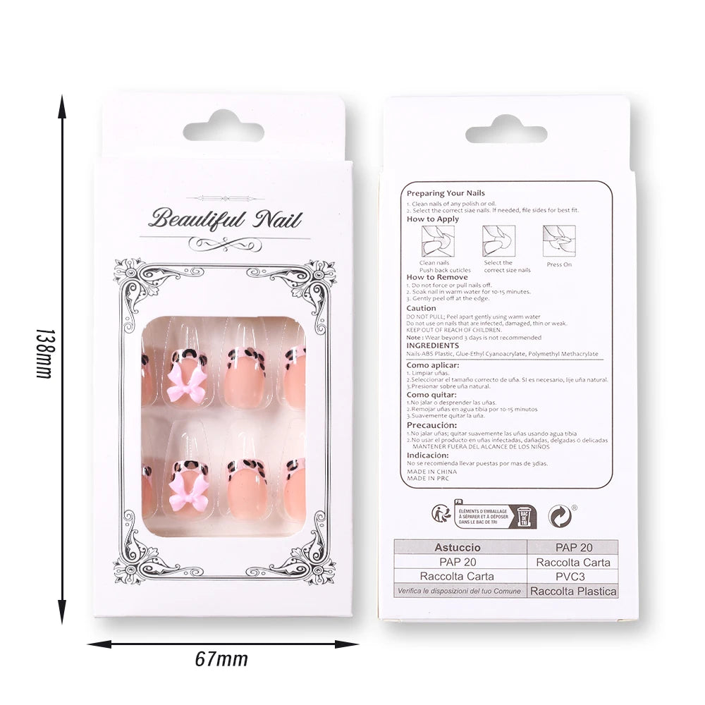 Faux ongles français imprimé léopard rose, 24 pièces, tête carrée courte, nœud papillon noir 3D, couverture complète en acrylique, à pression