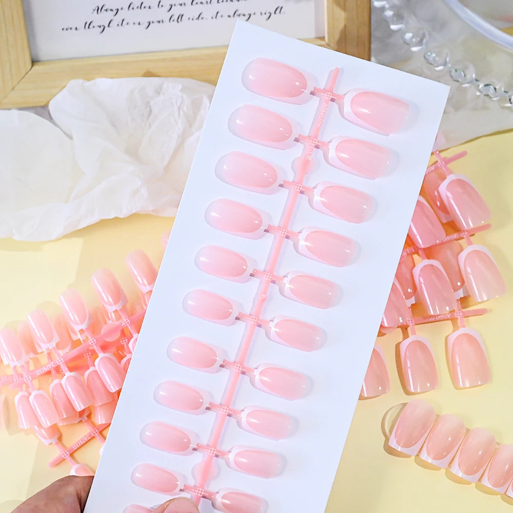 Faux ongles français en forme de cercueil, courts et carrés, rose brillant, couverture complète, portables, à pression, en acrylique, 120 pièces #