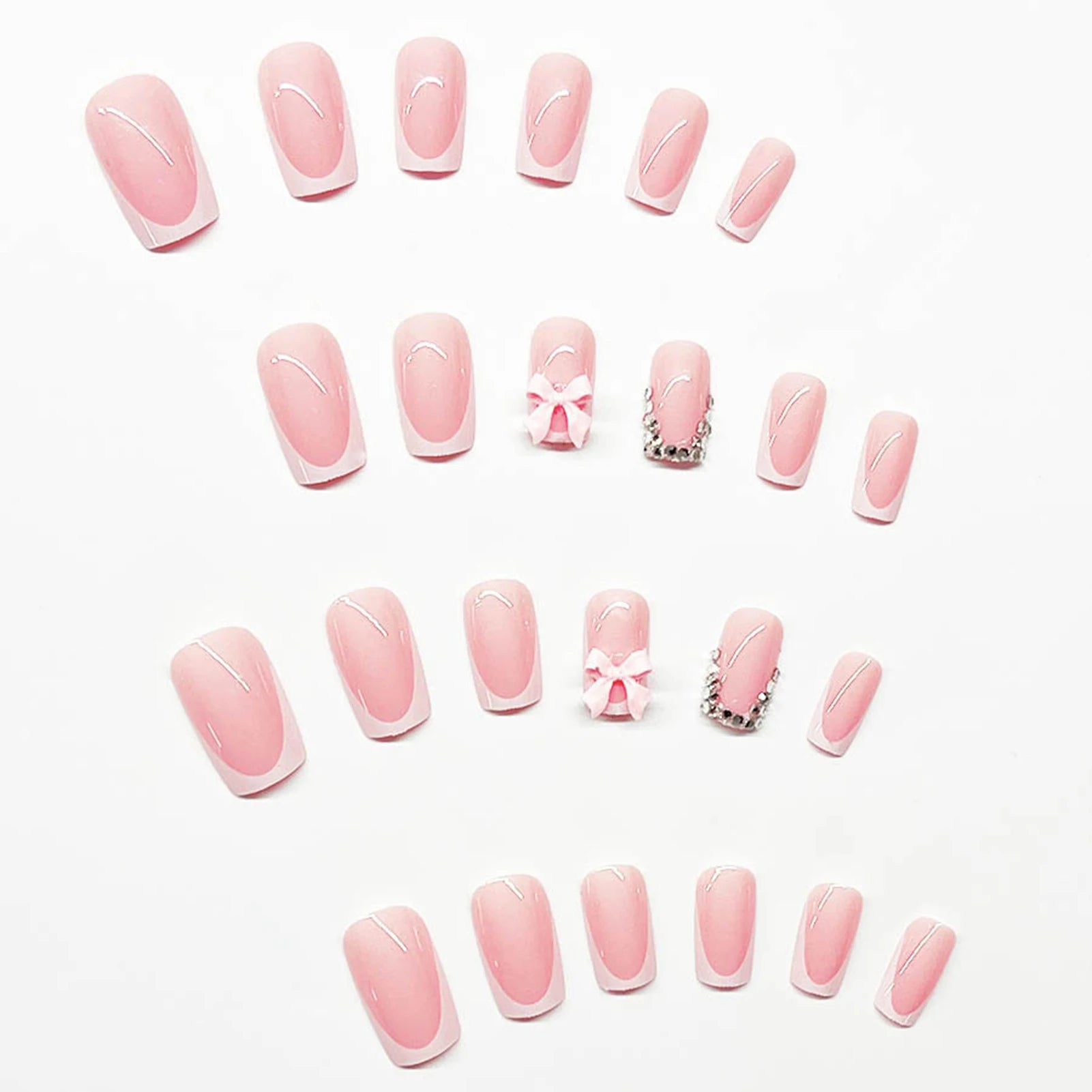 Faux ongles courts à presser pour filles et femmes, faux ongles coréens doux, nœud papillon rose, diamant brillant portable, N64.N64.Pink, 24 pièces