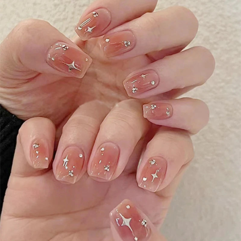 Blush rose faux ongles nœud papillon diamant perle conception 3D presse sur les pointes d'ongles avec bord lisse inoffensif ongles femme faux ongles à faire soi-même