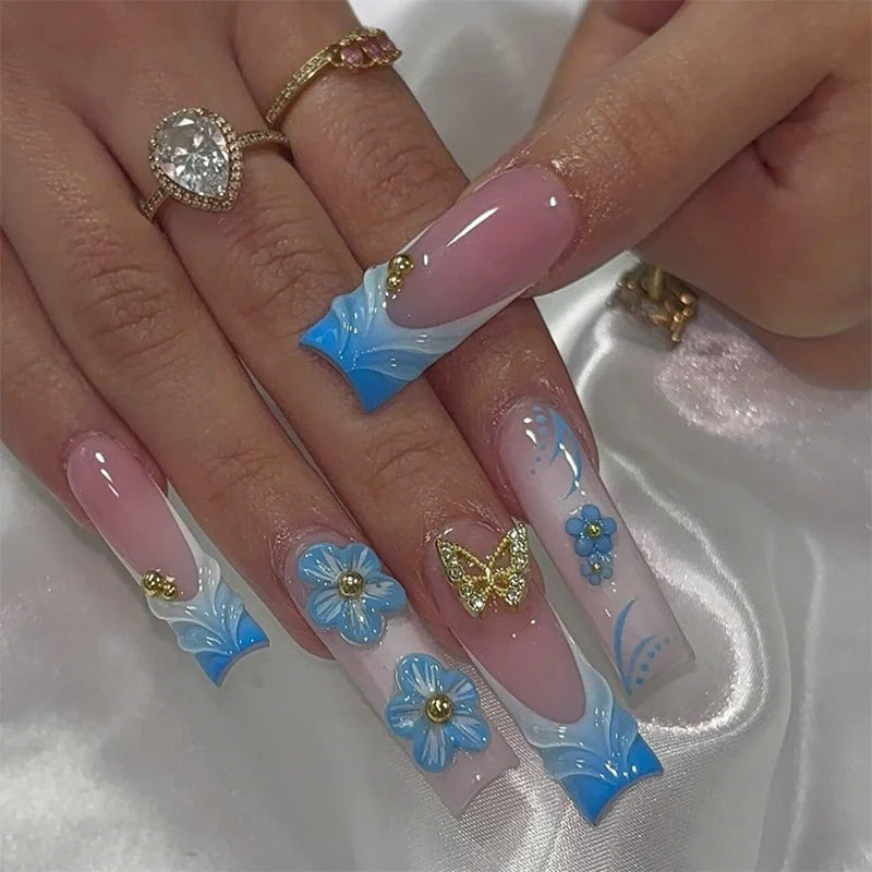 Faux ongles français longs avec colle, 24 pièces, faux ongles de Ballet, Design papillon en strass, pointes à pression pour cercueil portables