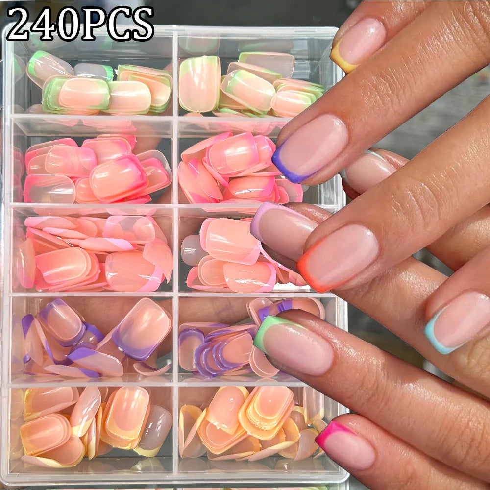1 boîte couleur bonbon français court carré faux ongles rose/vert/violet couverture complète Macarons presse sur ongles bricolage manucure artificielle