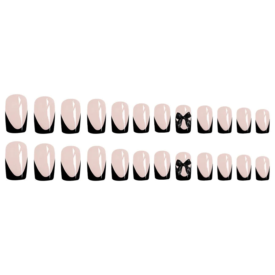 24 pièces presse sur ongles court amande nœud papillon noir presse sur ongles blanc perle douce pointe française presse sur ongles mignon ongles artificiels