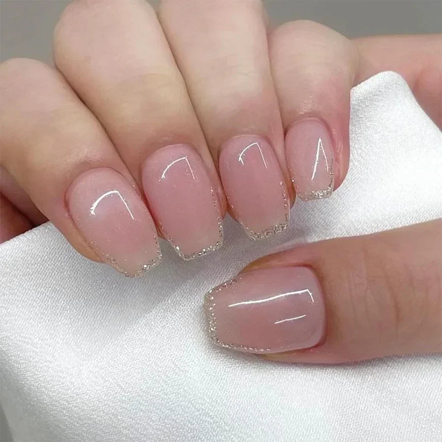 Faux ongles à pression carrée courte, fleur de Jade, poudre scintillante, avec colle, dégradé vert, couverture complète, 24 pièces