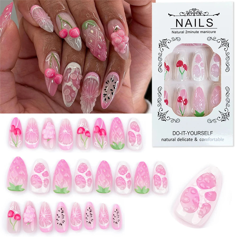 24 pièces or ondulation fleurs brunes faux ongles avec strass perle conception portable amande faux ongles couverture complète presse sur les ongles