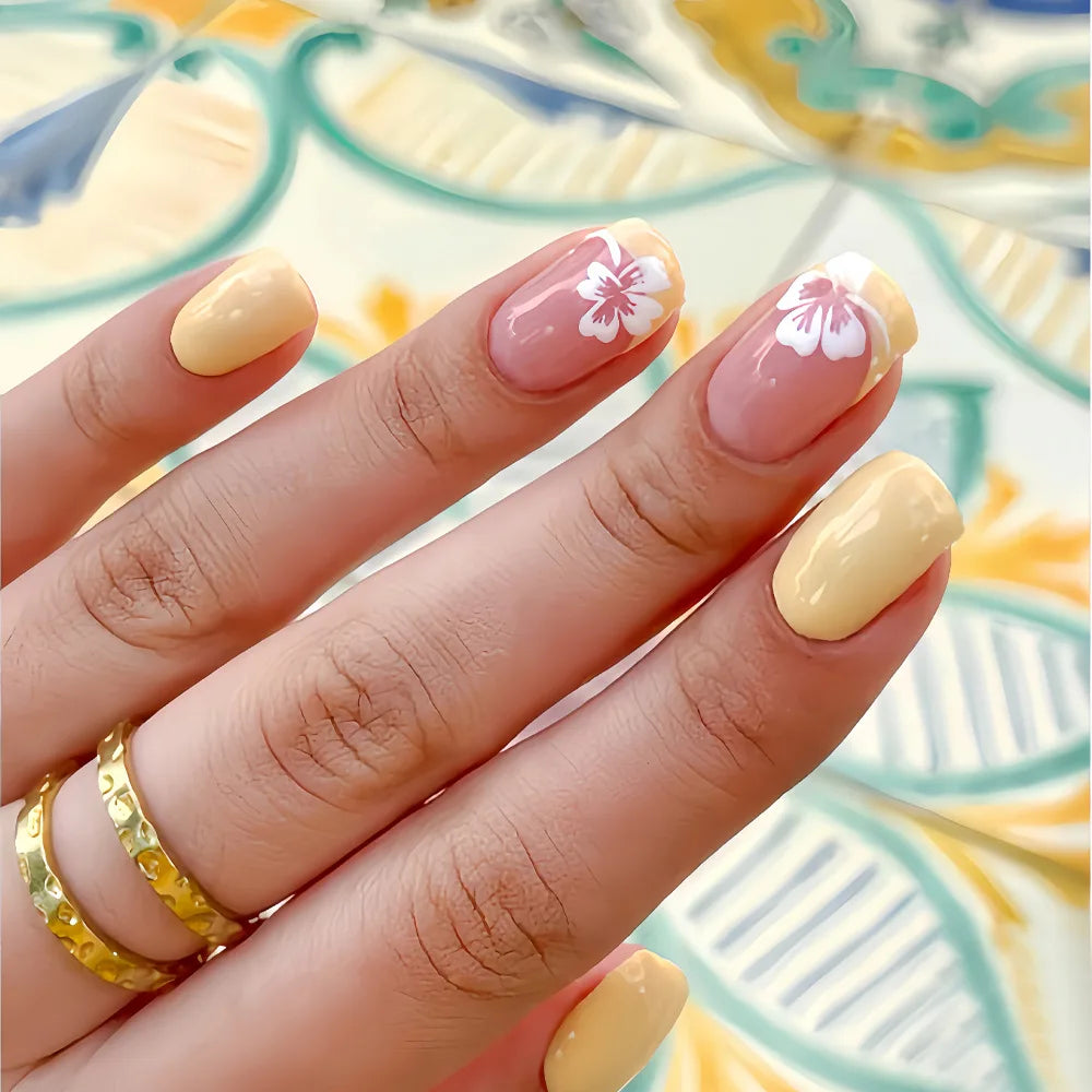 24 pièces fée fleur blanche faux ongles rose pointe française presse sur ongles court carré portable faux ongles pour femmes filles bricolage manucure