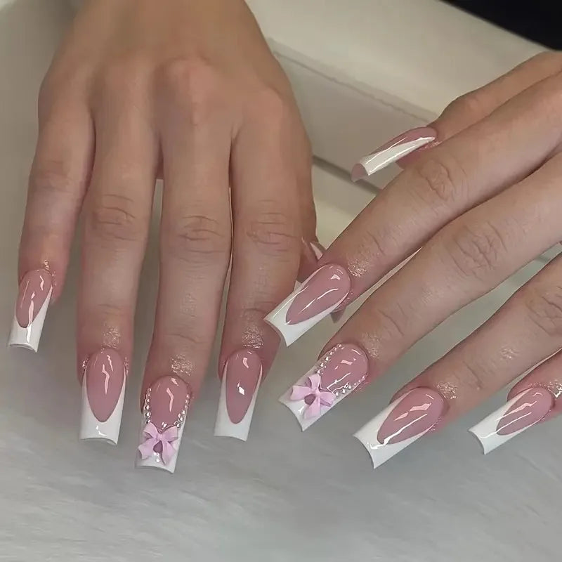 Faux ongles roses de Style français, 24 pièces, motifs de nœud papillon 3D, courts et carrés, à pression, doux, mode coréenne, pour femmes et filles