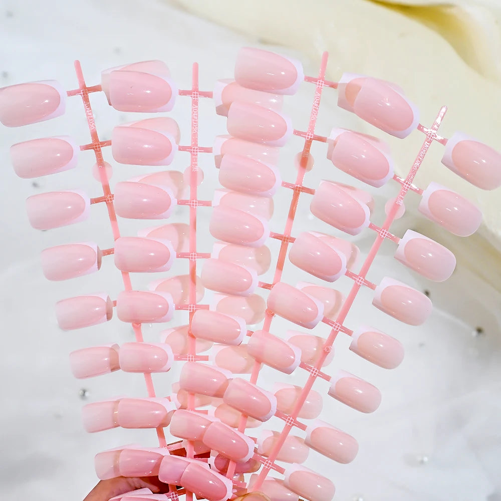 Faux ongles français en forme de cercueil, courts et carrés, rose brillant, couverture complète, portables, à pression, en acrylique, 120 pièces #