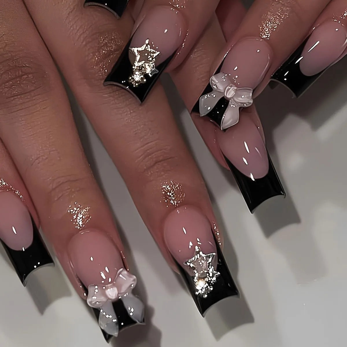 Faux ongles français longs avec colle, 24 pièces, faux ongles de Ballet, Design papillon en strass, pointes à pression pour cercueil portables