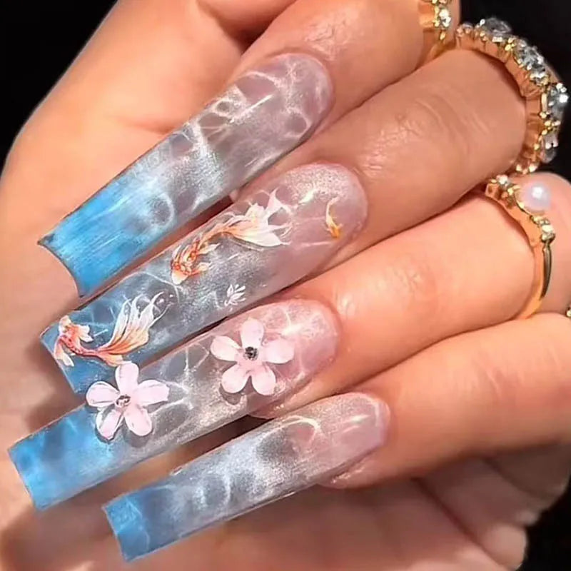 Faux ongles français longs avec colle, 24 pièces, faux ongles de Ballet, Design papillon en strass, pointes à pression pour cercueil portables