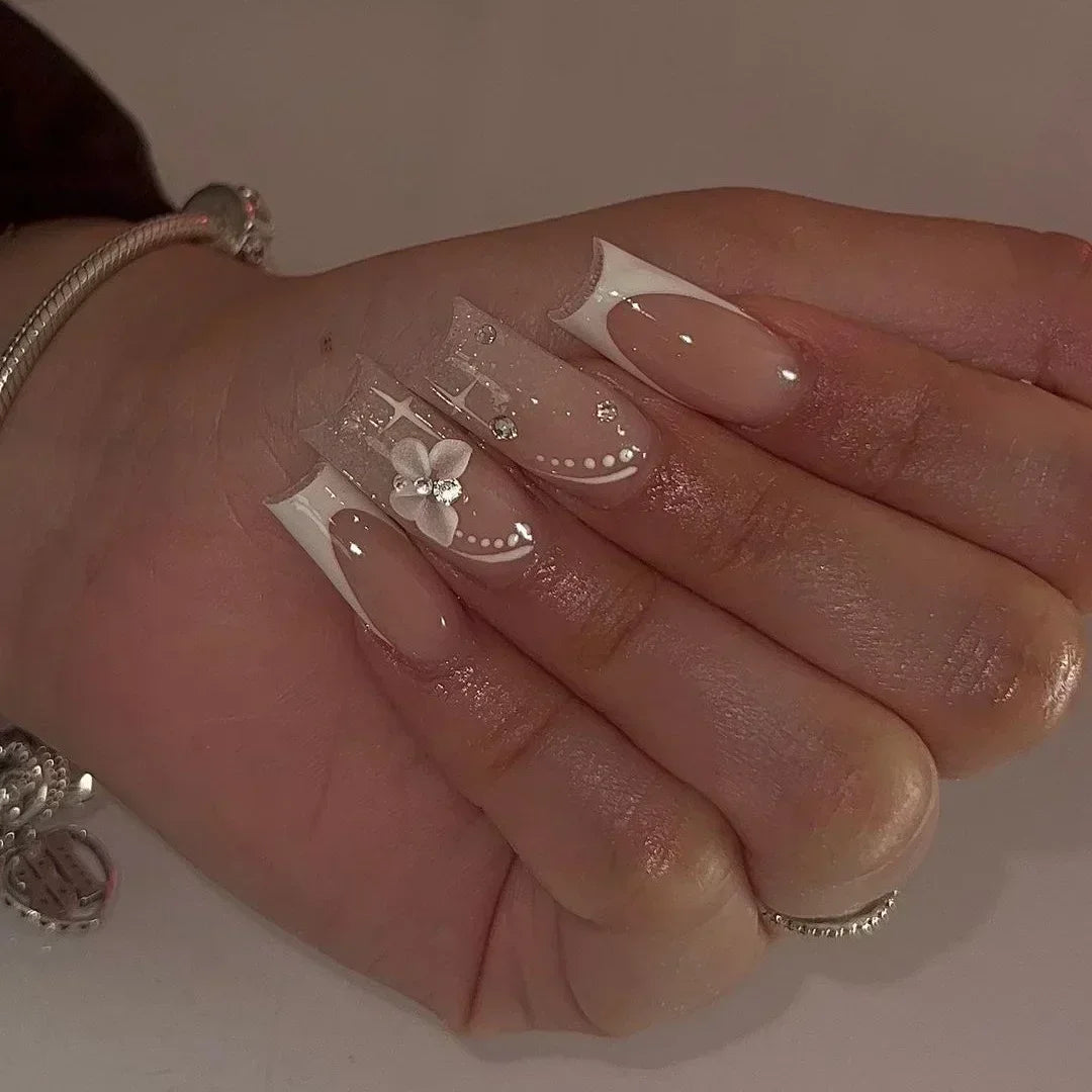 Faux ongles français longs avec colle, 24 pièces, faux ongles de Ballet, Design papillon en strass, pointes à pression pour cercueil portables