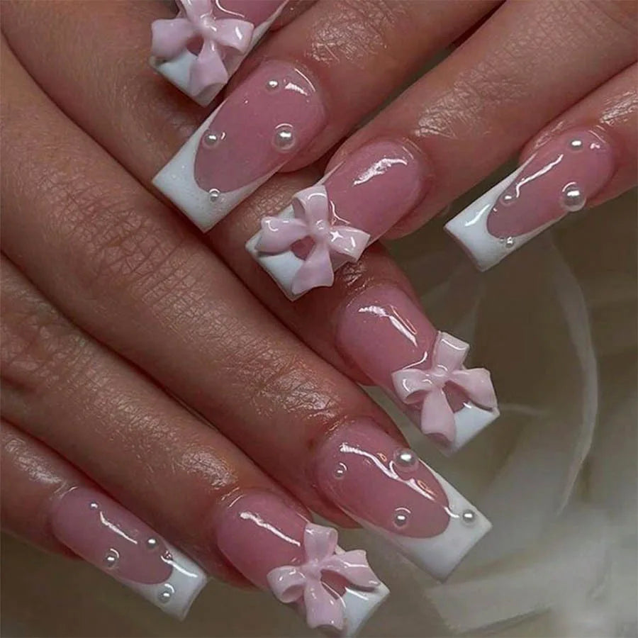 Faux ongles roses de Style français, 24 pièces, motifs de nœud papillon 3D, courts et carrés, à pression, doux, mode coréenne, pour femmes et filles