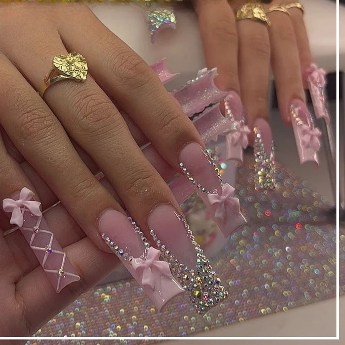 Faux ongles français longs avec colle, 24 pièces, faux ongles de Ballet, Design papillon en strass, pointes à pression pour cercueil portables