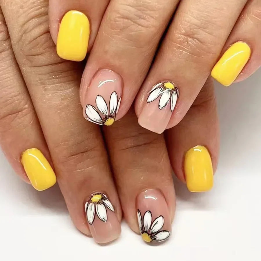 Faux ongles à pression carrée courte, fleur de Jade, poudre scintillante, avec colle, dégradé vert, couverture complète, 24 pièces