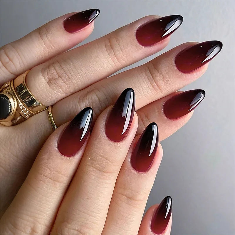 Faux ongles en forme de cercueil, dégradé rouge et noir, longueur moyenne, avec onglets collants, pointes de ballerine pour femmes, 24 pièces
