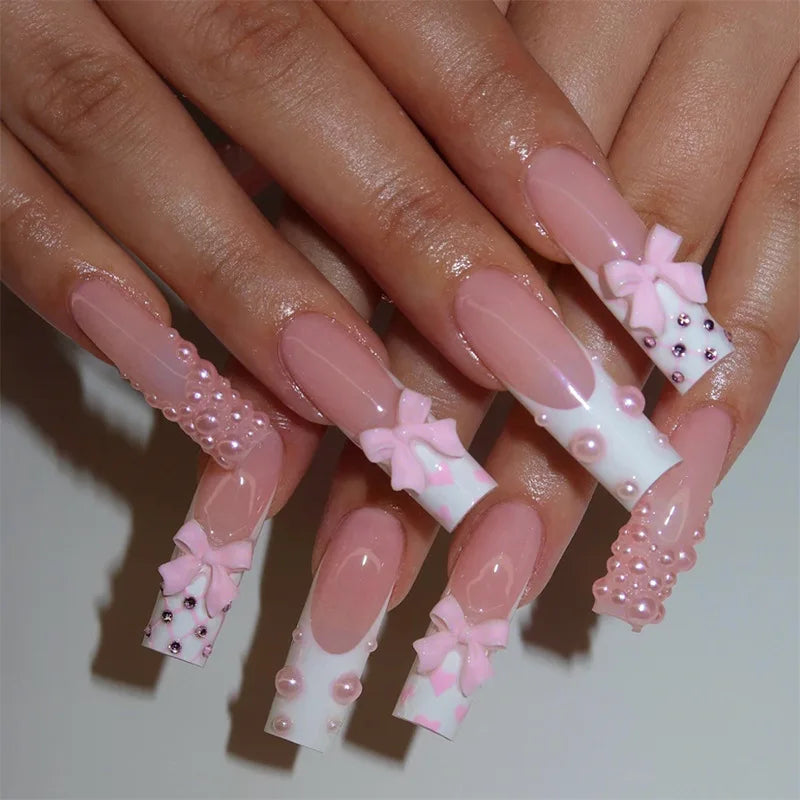 Faux ongles français longs avec colle, 24 pièces, faux ongles de Ballet, Design papillon en strass, pointes à pression pour cercueil portables