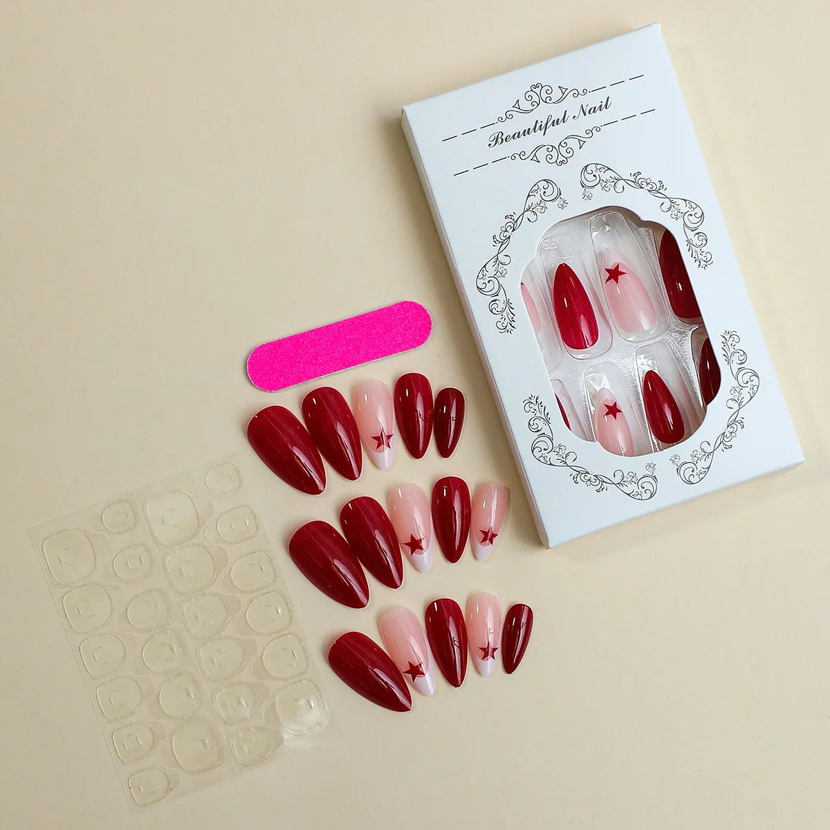 Faux ongles français rouge étoile à cinq branches, couverture complète, pointes à pression y2k, patchs artificiels en amande pour Nail Art