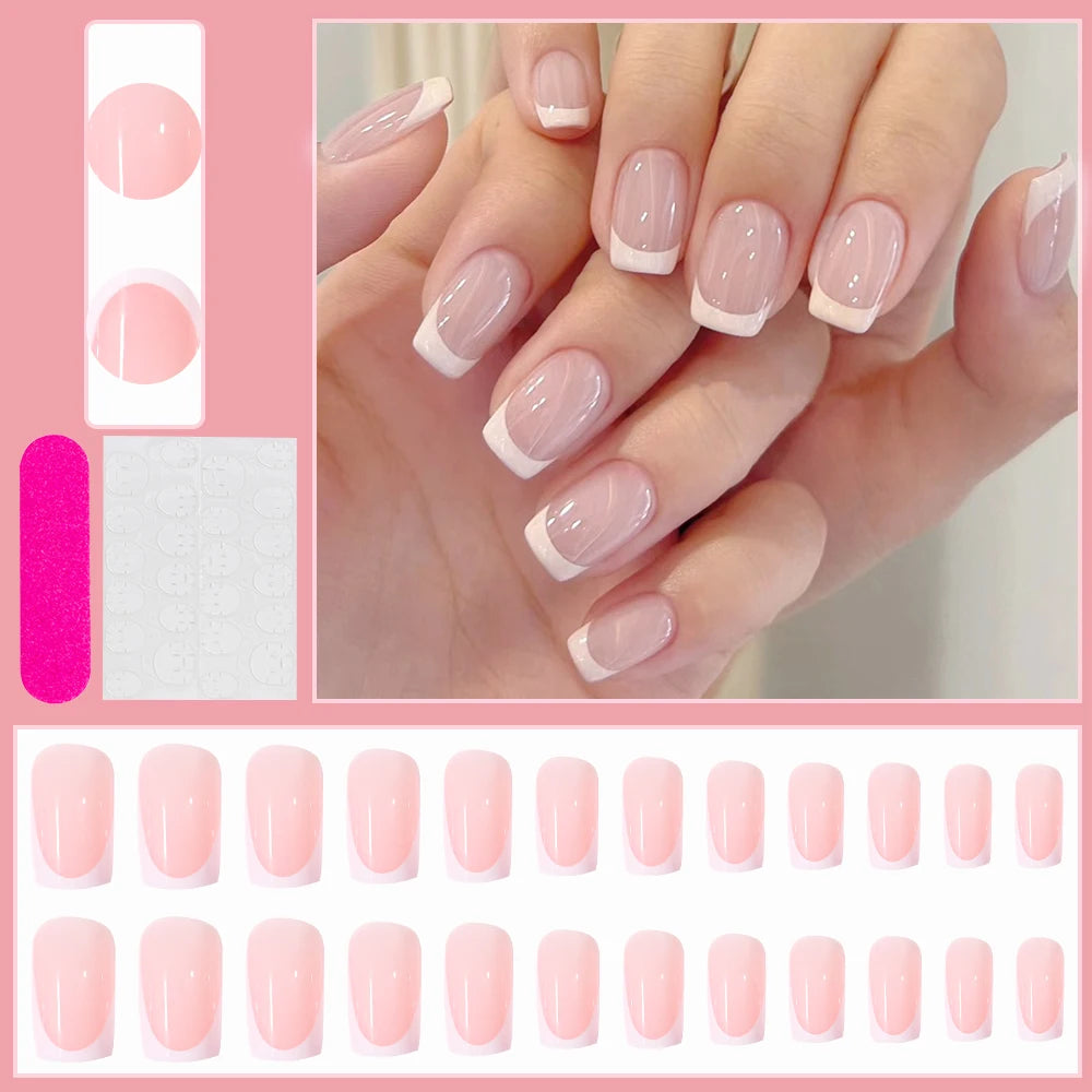 24 pièces arc perle presse sur faux ongles nu rose amande français bâton sur faux ongles coréen doux filles portable presse sur ongles + outil