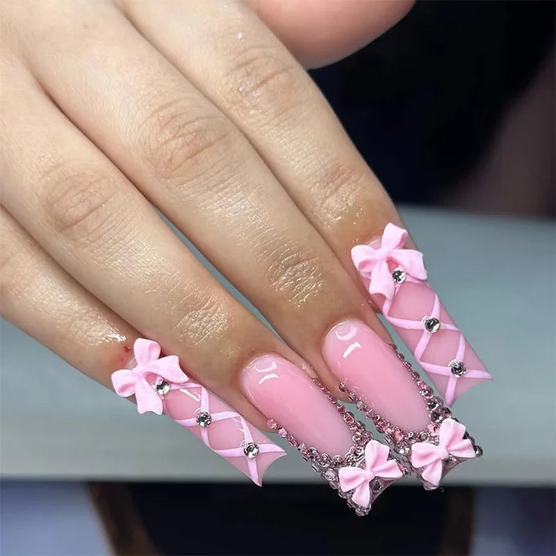 Faux ongles français longs avec colle, 24 pièces, faux ongles de Ballet, Design papillon en strass, pointes à pression pour cercueil portables
