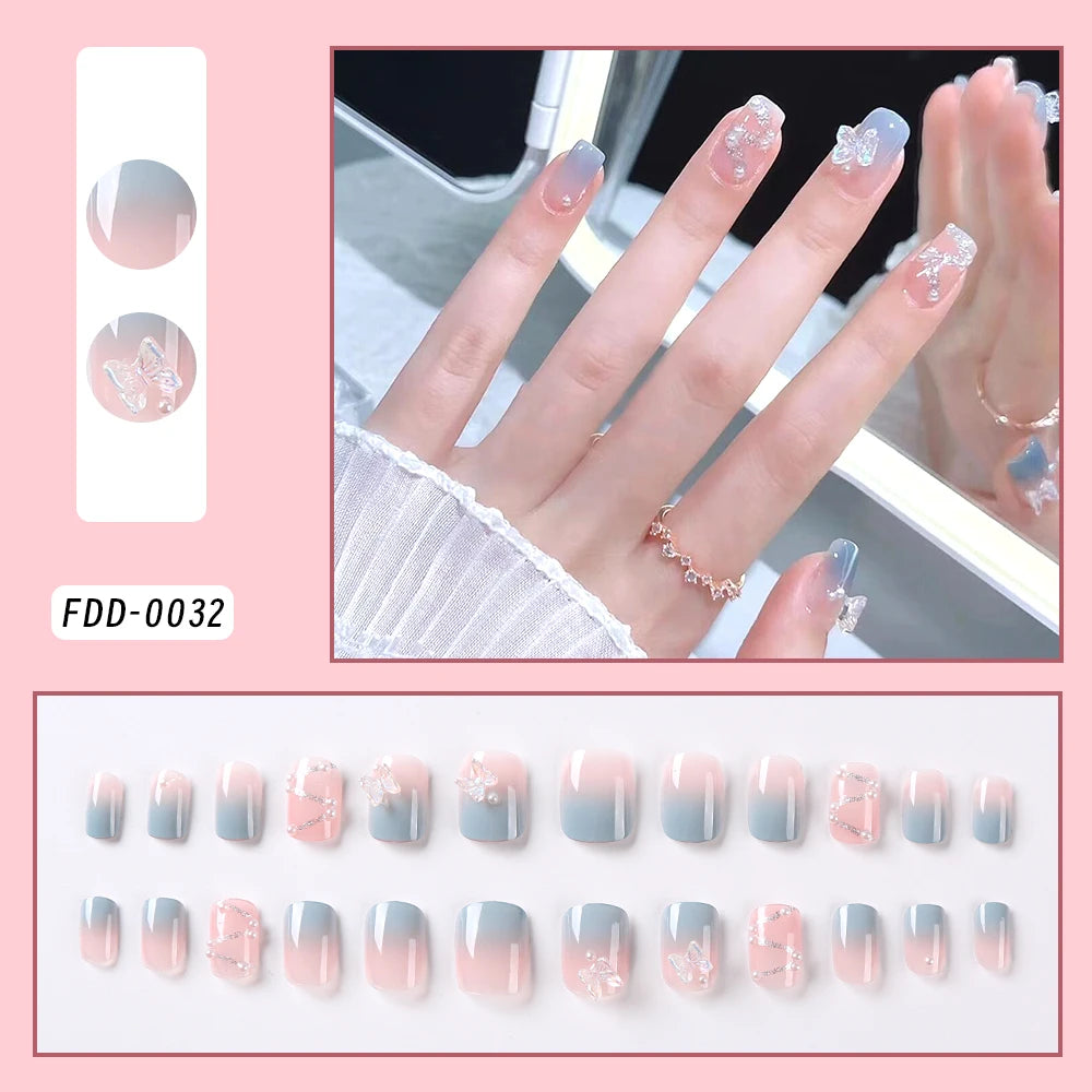 24 pièces or ondulation fleurs brunes faux ongles avec strass perle conception portable amande faux ongles couverture complète presse sur les ongles