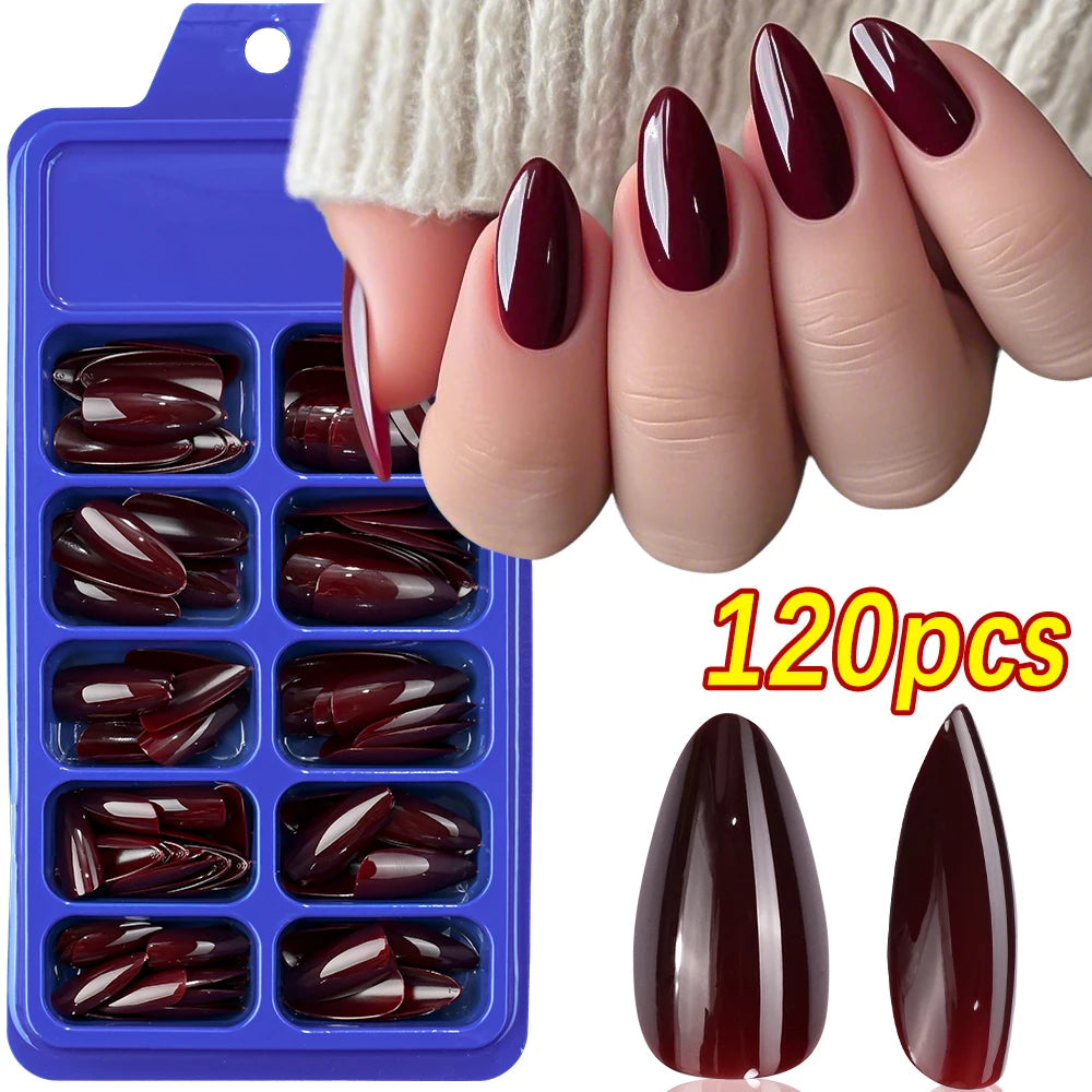 Faux ongles français en forme de cercueil, courts et carrés, rose brillant, couverture complète, portables, à pression, en acrylique, 120 pièces #