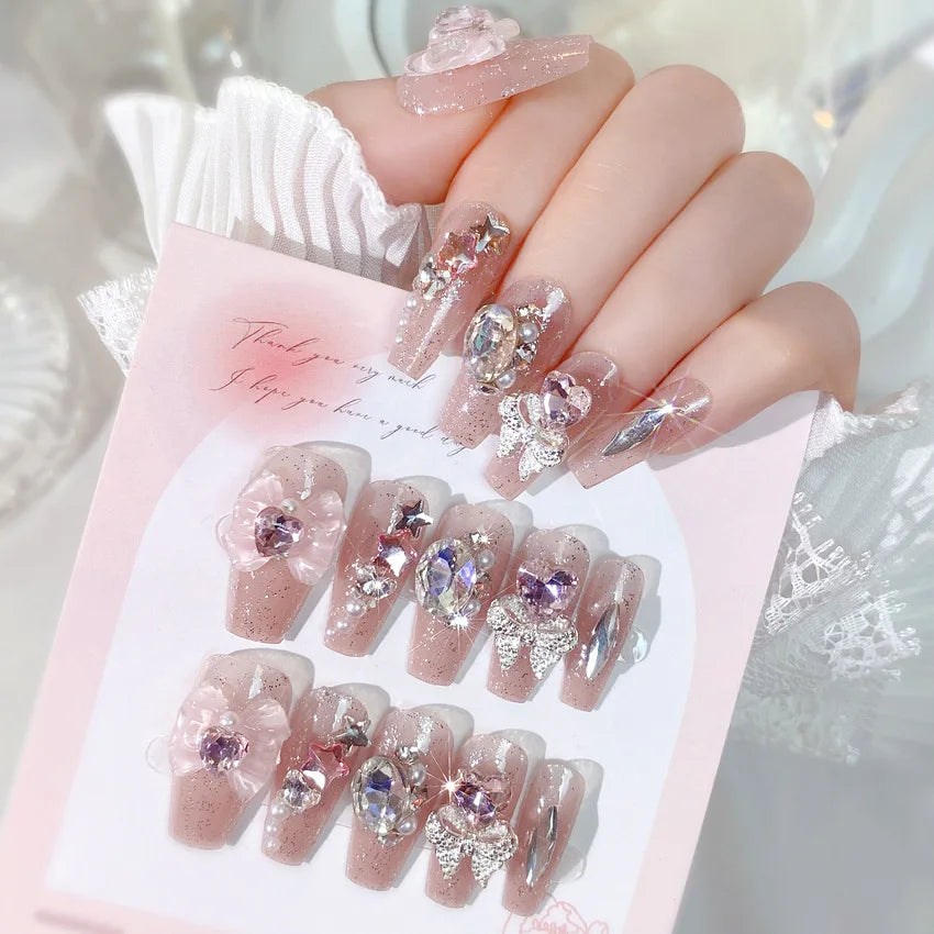 Blush rose faux ongles nœud papillon diamant perle conception 3D presse sur les pointes d'ongles avec bord lisse inoffensif ongles femme faux ongles à faire soi-même