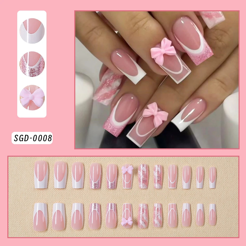 Faux ongles français imprimé léopard rose, 24 pièces, tête carrée courte, nœud papillon noir 3D, couverture complète en acrylique, à pression