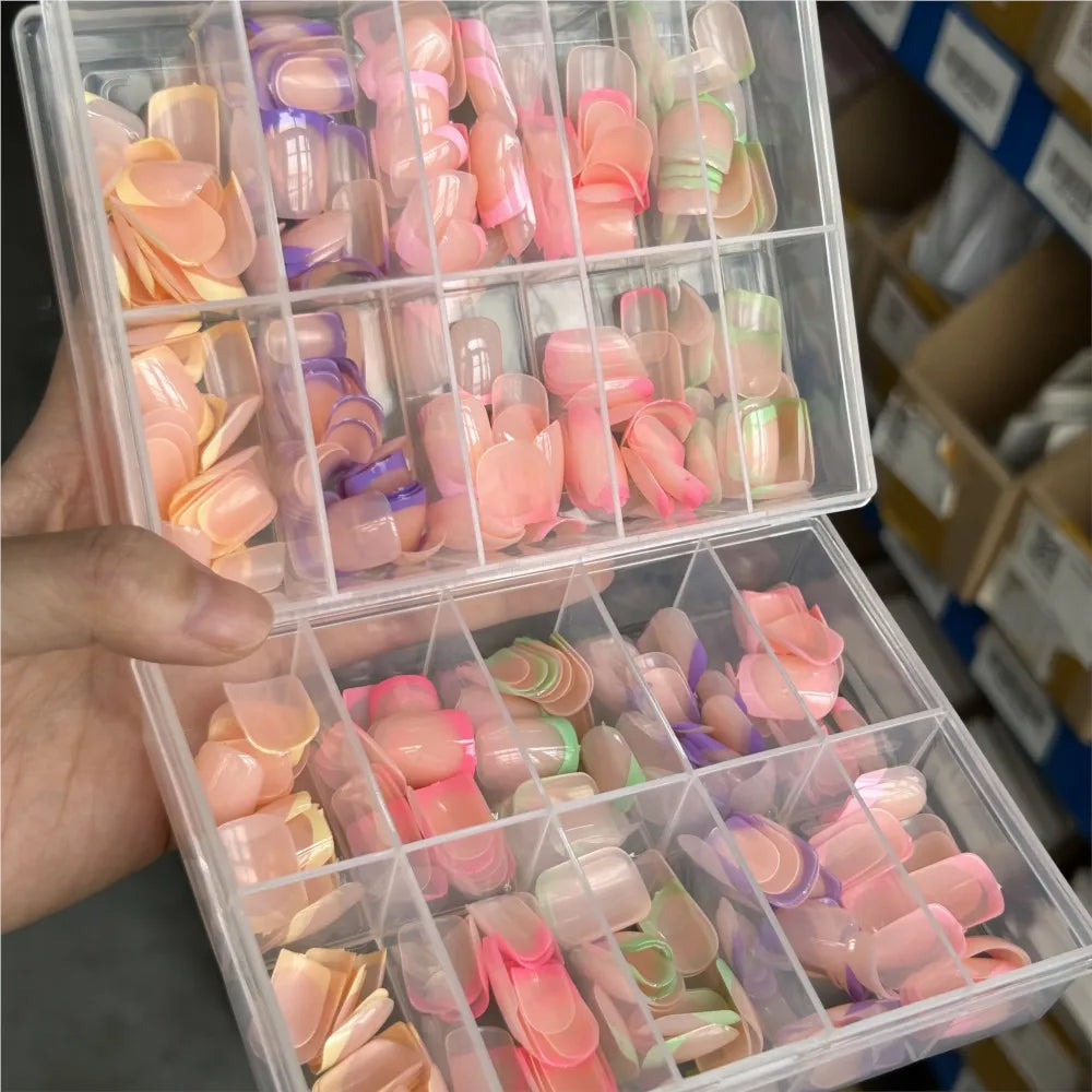 1 boîte couleur bonbon français court carré faux ongles rose/vert/violet couverture complète Macarons presse sur ongles bricolage manucure artificielle