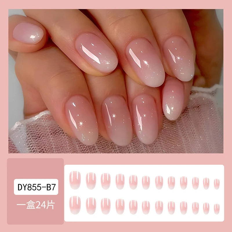 24 pièces ovale court rose presse sur ongles Simple Ombre printemps faux ongles pour doux impertinent Cool femmes et fille amovible portable Nail Art