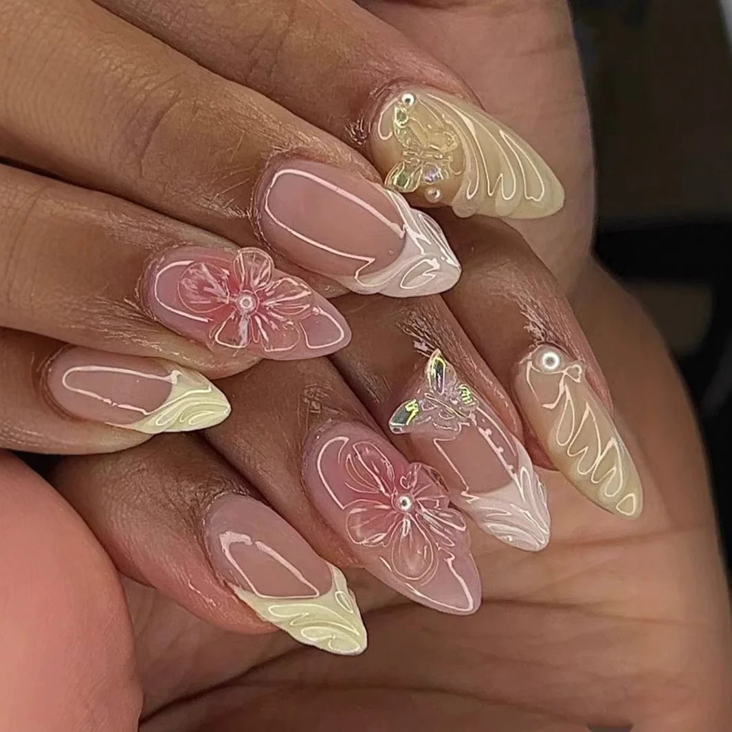 24 pièces rose amande faux ongles papillon Ballet avec Design français faux ongles portables Simple presse artificielle sur les ongles conseils Art