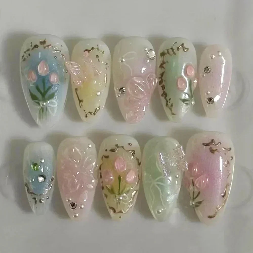 24 pièces rose amande faux ongles papillon Ballet avec Design français faux ongles portables Simple presse artificielle sur les ongles conseils Art