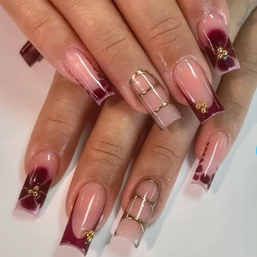 Faux ongles français longs en forme de cercueil, 24 pièces, motifs floraux Vintage dorés, à pression, vin rouge, perles de Caviar florales Y2k #