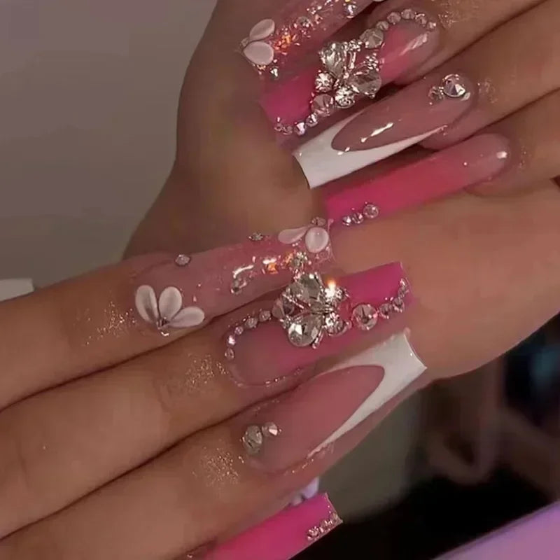 Faux ongles français longs avec colle, 24 pièces, faux ongles de Ballet, Design papillon en strass, pointes à pression pour cercueil portables