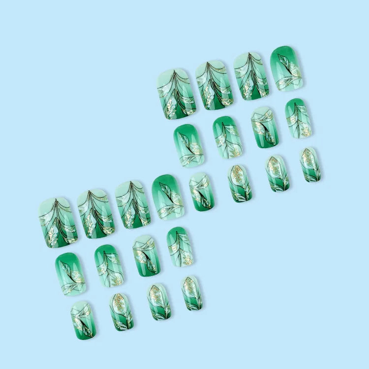 Faux ongles à pression carrée courte, fleur de Jade, poudre scintillante, avec colle, dégradé vert, couverture complète, 24 pièces