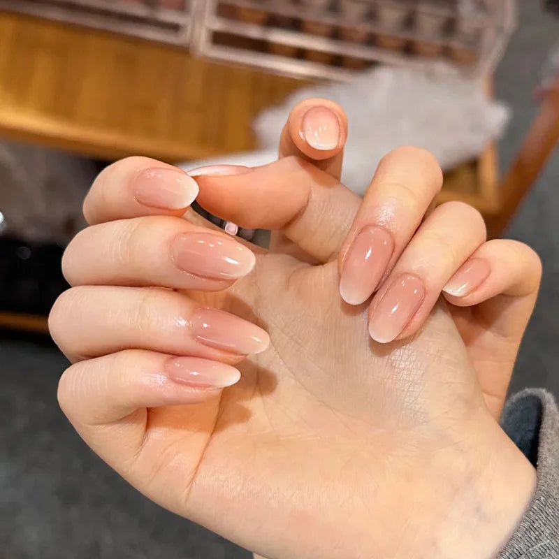 24 pièces Aurora Nude Rose presse sur ongles amande acrylique Simple faux ongles avec dégradé conception ongles Chrome couleur unie faux ongles