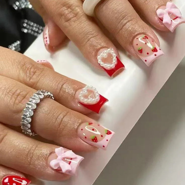 Blush rose faux ongles nœud papillon diamant perle conception 3D presse sur les pointes d'ongles avec bord lisse inoffensif ongles femme faux ongles à faire soi-même