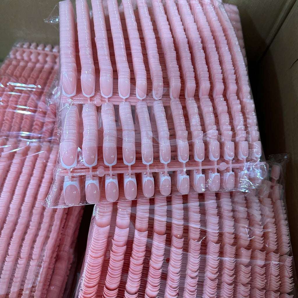 Faux ongles français en forme de cercueil, courts et carrés, rose brillant, couverture complète, portables, à pression, en acrylique, 120 pièces #