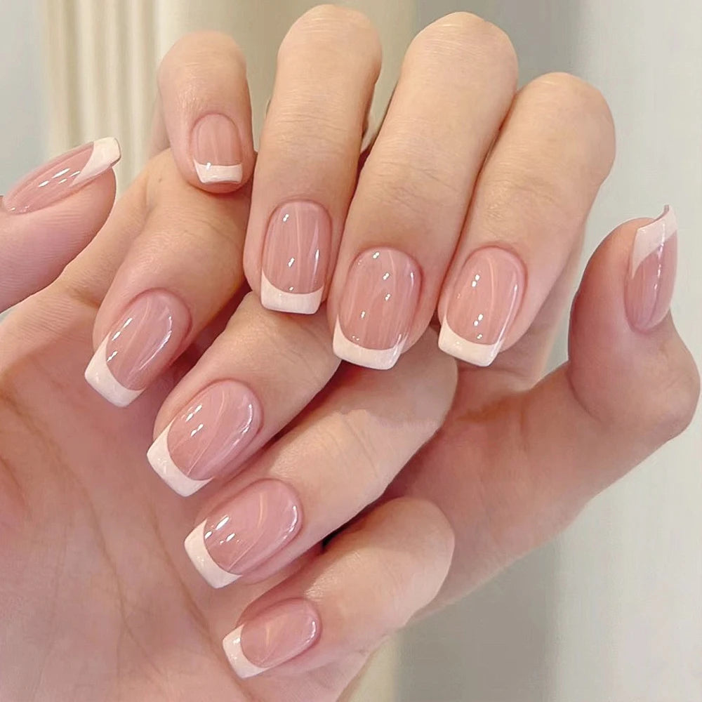 Faux ongles français en forme de cercueil, courts et carrés, rose brillant, couverture complète, portables, à pression, en acrylique, 120 pièces #