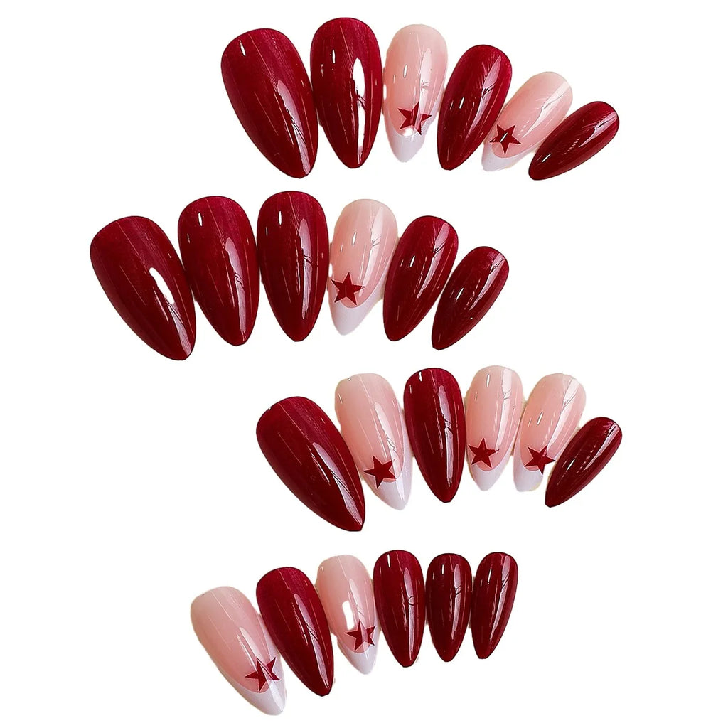 Faux ongles français rouge étoile à cinq branches, couverture complète, pointes à pression y2k, patchs artificiels en amande pour Nail Art