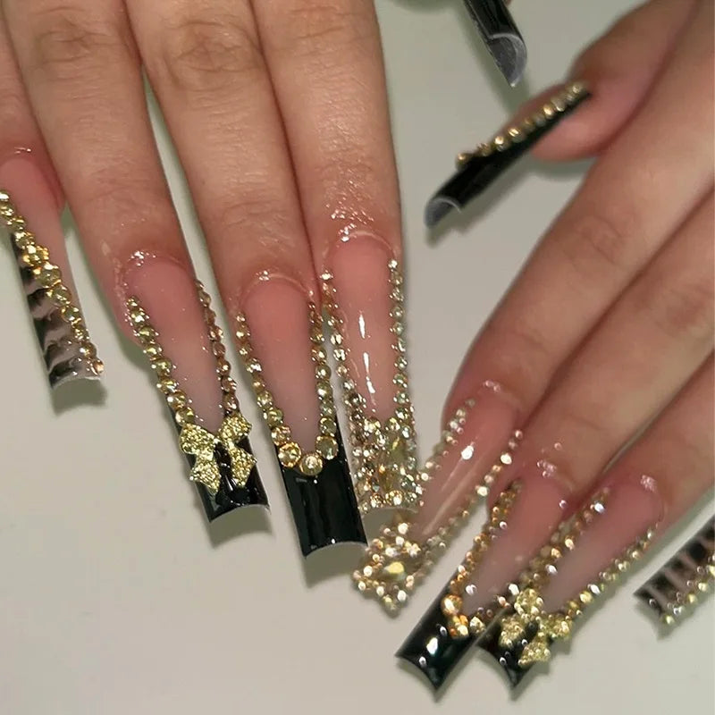 Faux ongles français longs avec colle, 24 pièces, faux ongles de Ballet, Design papillon en strass, pointes à pression pour cercueil portables
