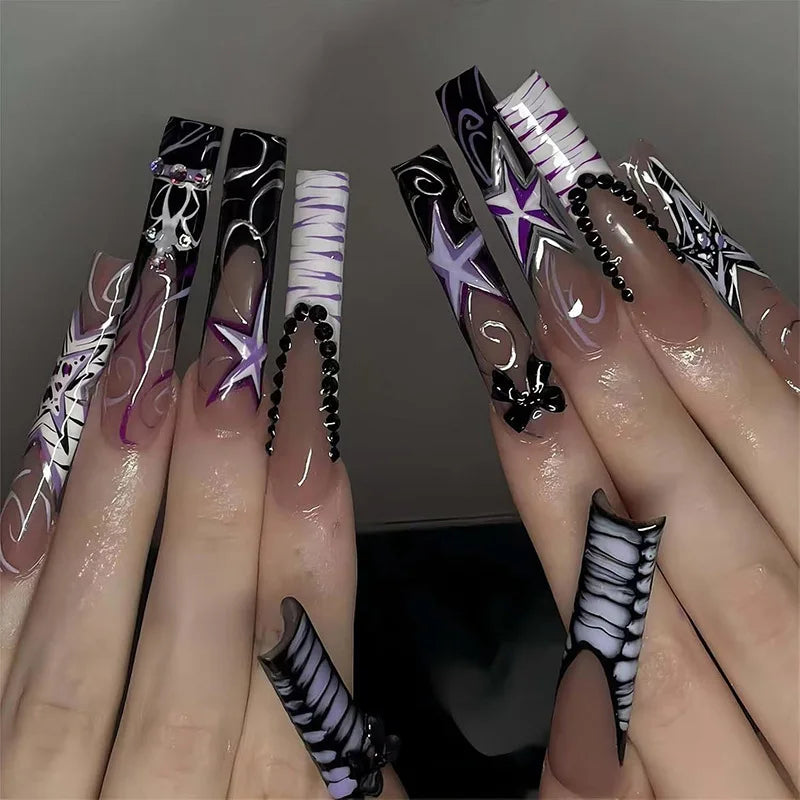 Faux ongles français longs avec colle, 24 pièces, faux ongles de Ballet, Design papillon en strass, pointes à pression pour cercueil portables