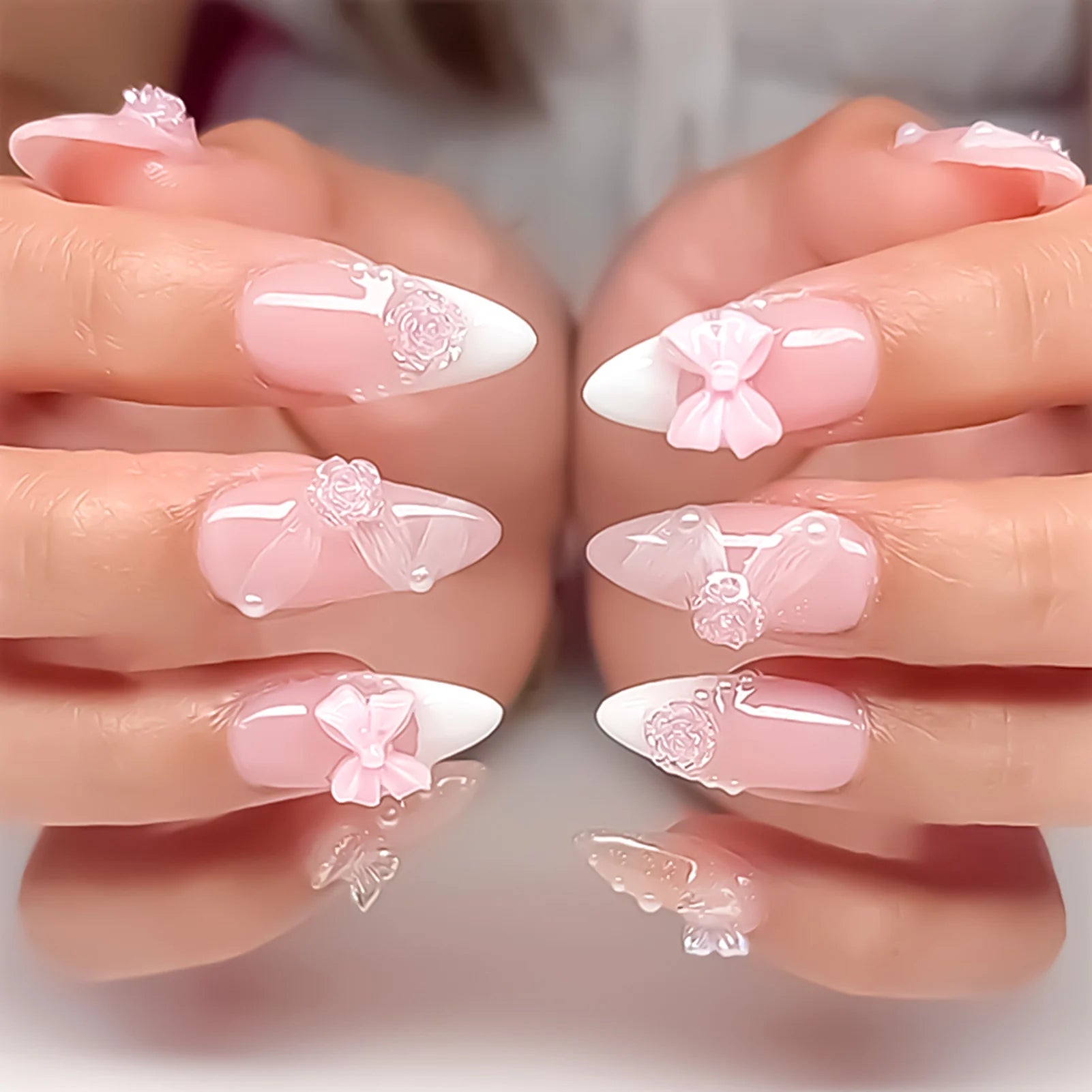 Blush rose faux ongles nœud papillon diamant perle conception 3D presse sur les pointes d'ongles avec bord lisse inoffensif ongles femme faux ongles à faire soi-même