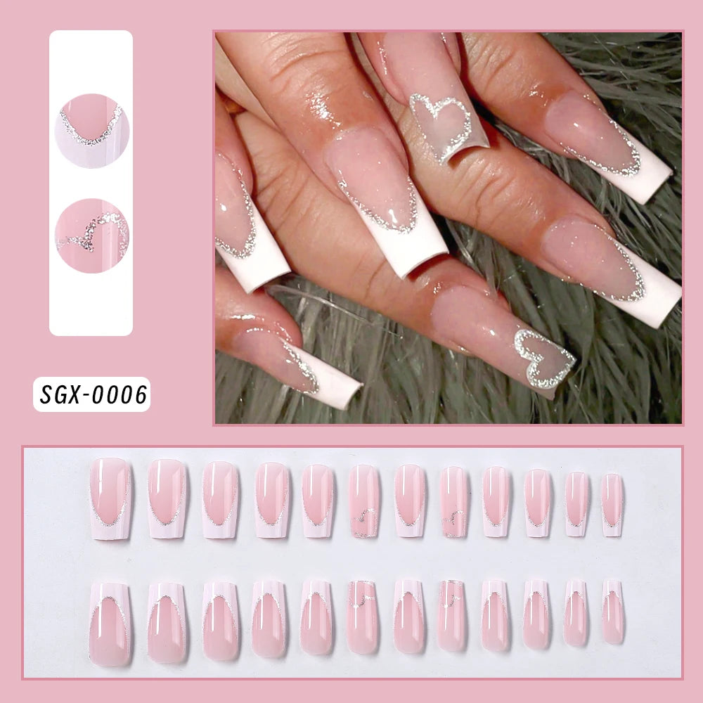 24 pièces arc perle presse sur faux ongles nu rose amande français bâton sur faux ongles coréen doux filles portable presse sur ongles + outil