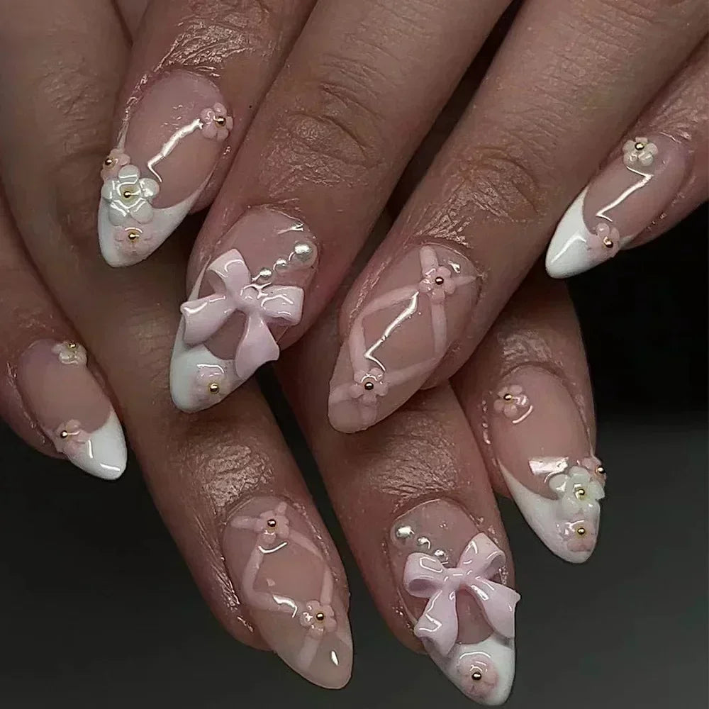 24 pièces rose amande faux ongles papillon Ballet avec Design français faux ongles portables Simple presse artificielle sur les ongles conseils Art